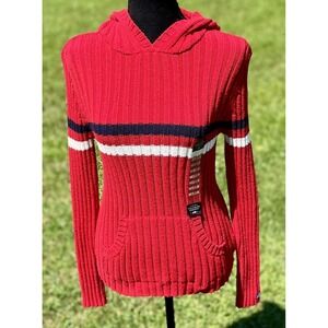 Polo Jeans Company Sweater Womens Medium‎ Red Hooded Pullover Ribbed Cotton New